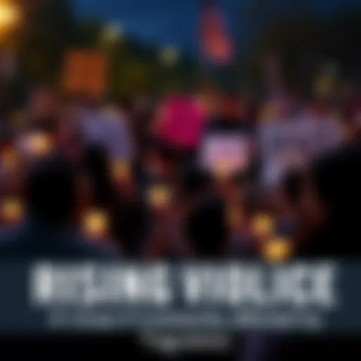 People gathered at a candlelight vigil holding candles and signs for peace in their community affected by violence.