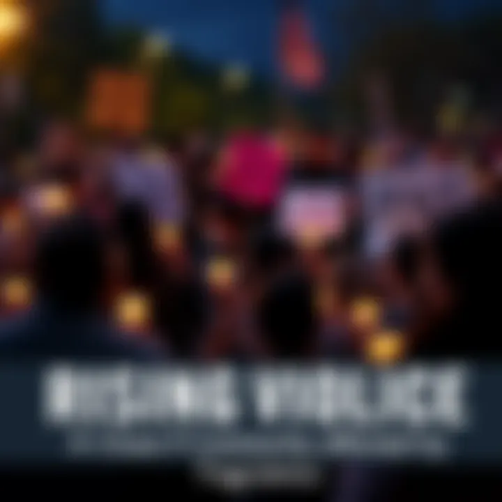 People gathered at a candlelight vigil holding candles and signs for peace in their community affected by violence.