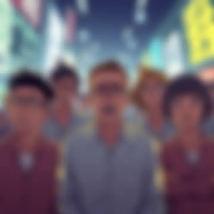 A group of mangakas looks worried and frustrated as a new competitor emerges, highlighting the tension in the manga world over bad endings.