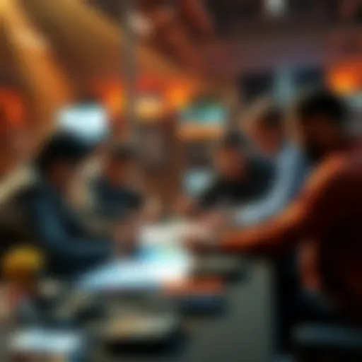 A group of diverse competitors strategizing around a table, analyzing charts and discussing tactics in a high-stakes environment.