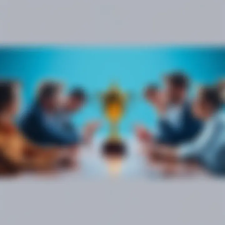A group of people passionately discussing and debating over who will win a competition, with a trophy in the center of the table.
