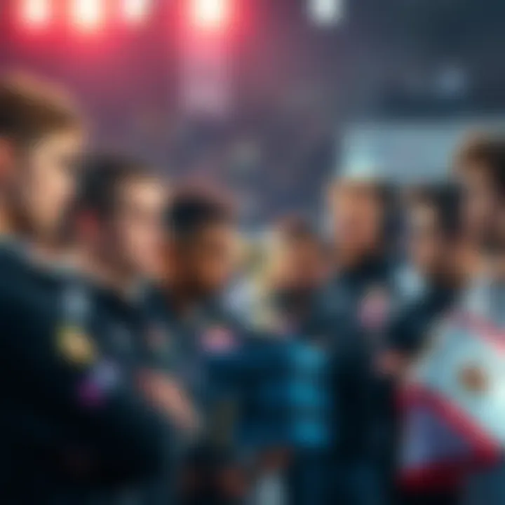 A diverse group of competitors preparing for a contest, each showing determination and focus, with a trophy visible in the background