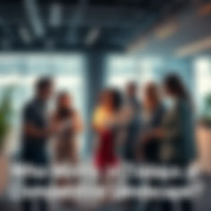 A group of diverse professionals discussing strategy in a modern office setting