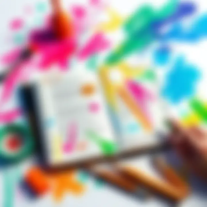 A vibrant sketchbook page filled with colorful drawings and notes, showcasing the creative process and inspiration behind the artwork.