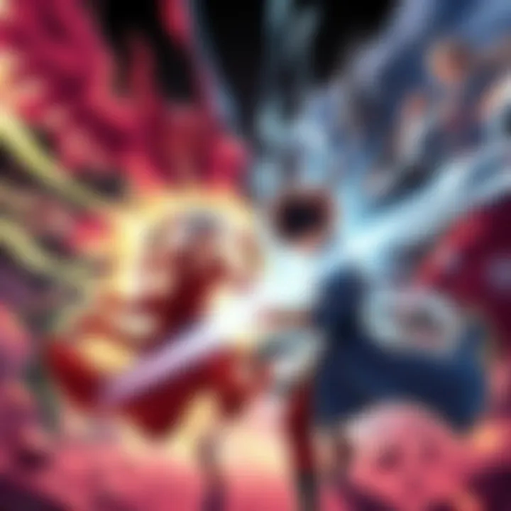 A dynamic illustration of characters from Demon Slayer and Jujutsu Kaisen in an intense showdown, showcasing their combined powers and abilities.