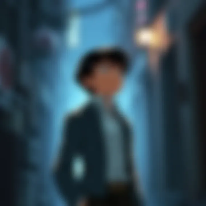 A thoughtful Conan standing in a shadowed alley, pondering his past and future, with a faint image of Shinichi in the background.