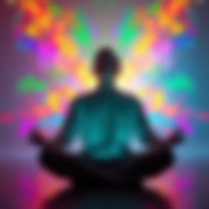 A person meditating with vibrant colors radiating around them, symbolizing the idea of expanding beyond physical limits.
