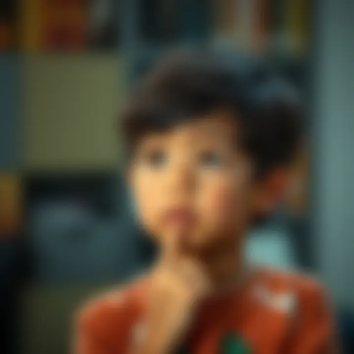 Concerned child thinking A child looking worried while thinking about their actions and consequences, with a thoughtful expression.