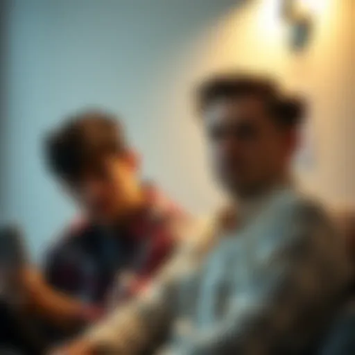 A worried friend sits beside another person who appears withdrawn and sad, conveying deep concern for his emotional well-being.