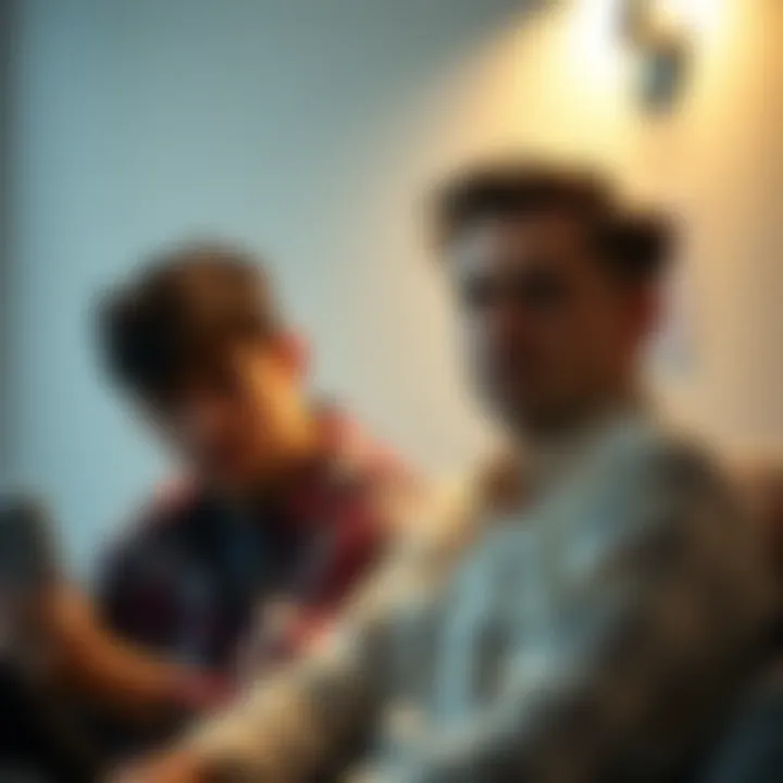 A worried friend sits beside another person who appears withdrawn and sad, conveying deep concern for his emotional well-being.