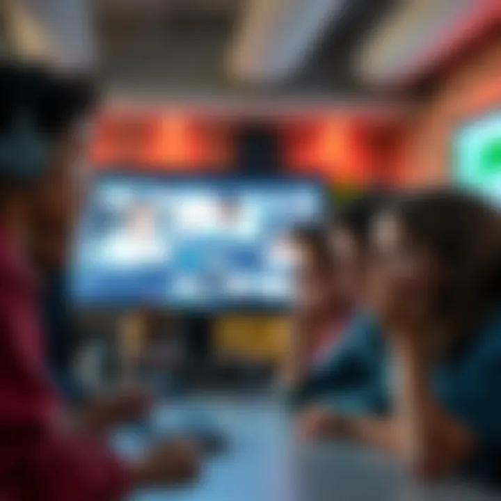 A group of teenagers look worried while viewing a computer screen displaying inappropriate content, symbolizing the issue of underage content on forums.