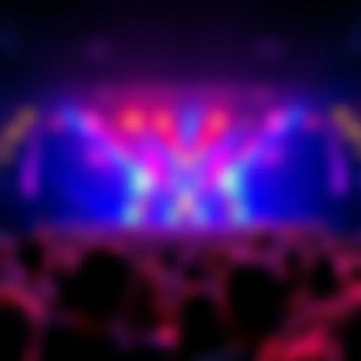 A lively crowd enjoying a concert with colorful lights and performers on stage