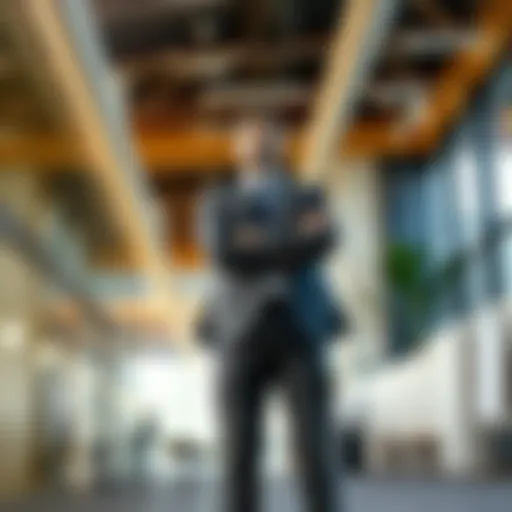 A professional person standing tall with arms crossed, radiating confidence in a modern office setting.