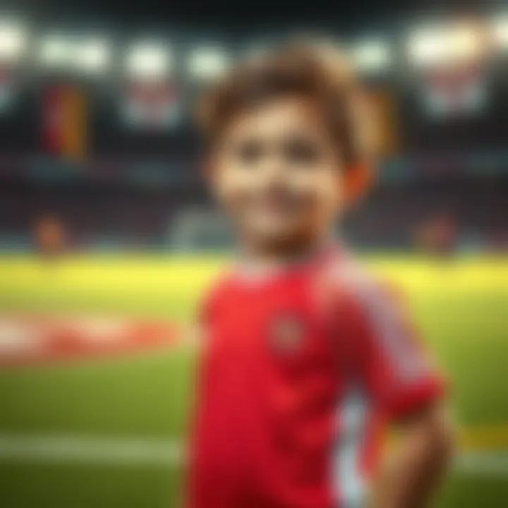 A young child wearing a sports uniform with a big smile, standing proudly on a field, exuding confidence before a competition.