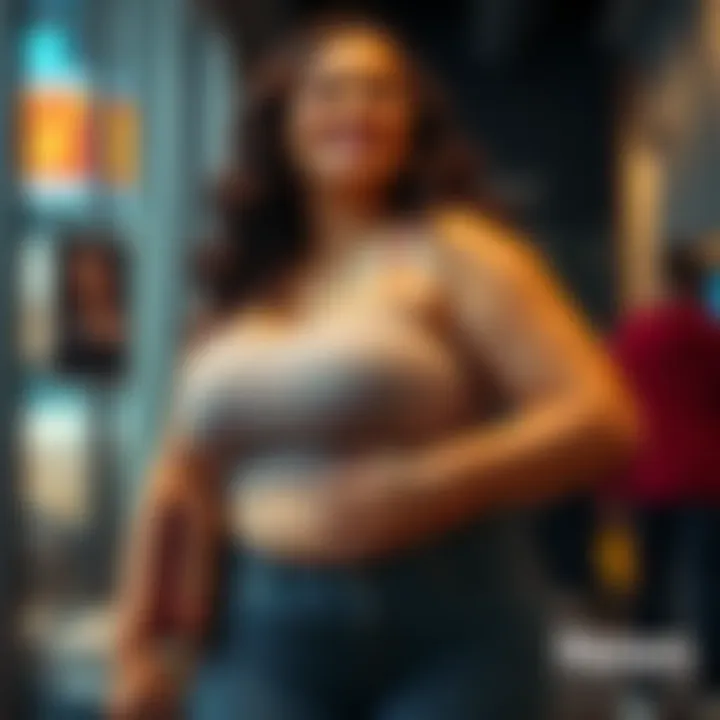 Confident Woman Embracing Her Curves A joyful woman confidently showcasing her curves while smiling in a casual outfit, celebrating body positivity.