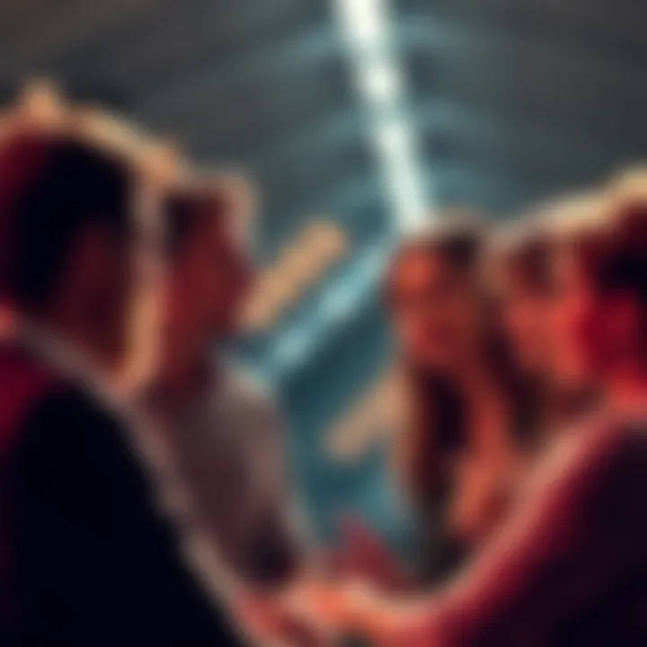 A group of people engaged in a lively discussion, one person confidently making a statement, while others listen attentively.