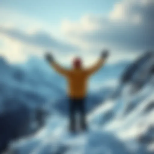 A person in warm clothing stands tall on a snowy mountain, arms raised in triumph, symbolizing strength and empowerment.
