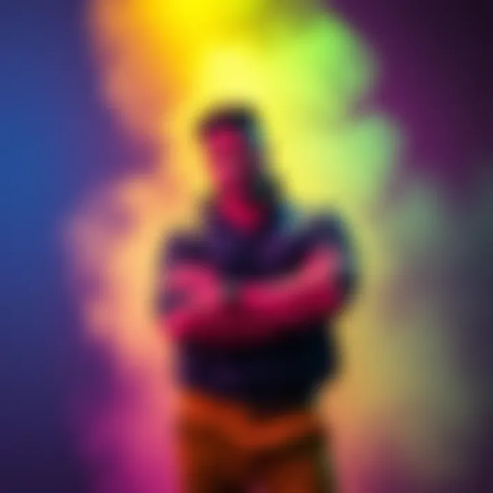 A confident individual stands with arms crossed, exuding self-assurance and pride, surrounded by vibrant colors.