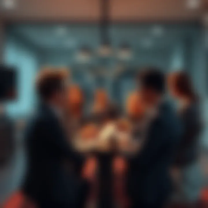A group of diverse professionals discussing bold statements in a meeting room, highlighting competition and success.