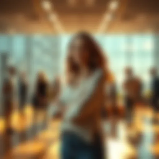 A confident woman stands in a bright room, radiating positive energy as she engages with others, captivating their attention.