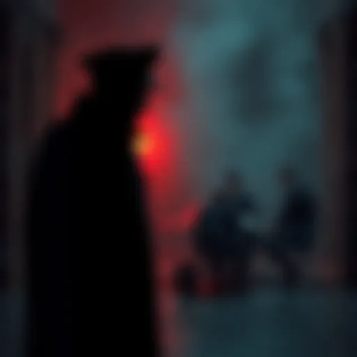 A shadowy figure of a secret police agent observes a tense meeting between spies in a dimly lit room, highlighting espionage and political intrigue.