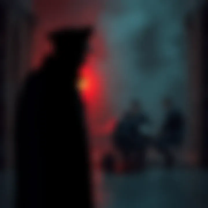 A shadowy figure of a secret police agent observes a tense meeting between spies in a dimly lit room, highlighting espionage and political intrigue.