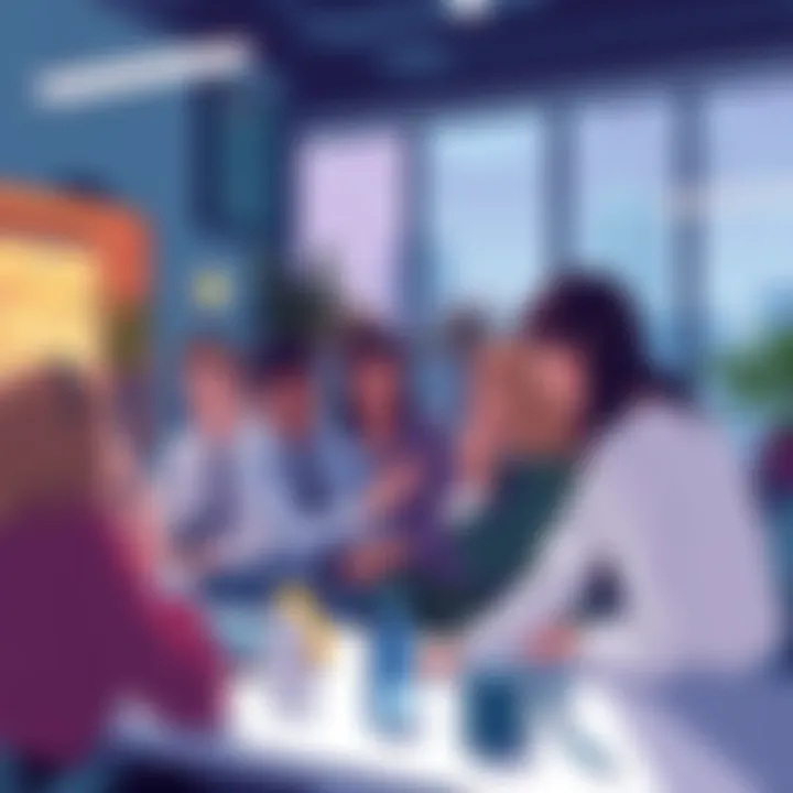 Conflict Resolution Scene An illustration showing a group of people discussing and resolving a conflict, with an artist's touch adding visual flair. The setting reflects a collaborative atmosphere.