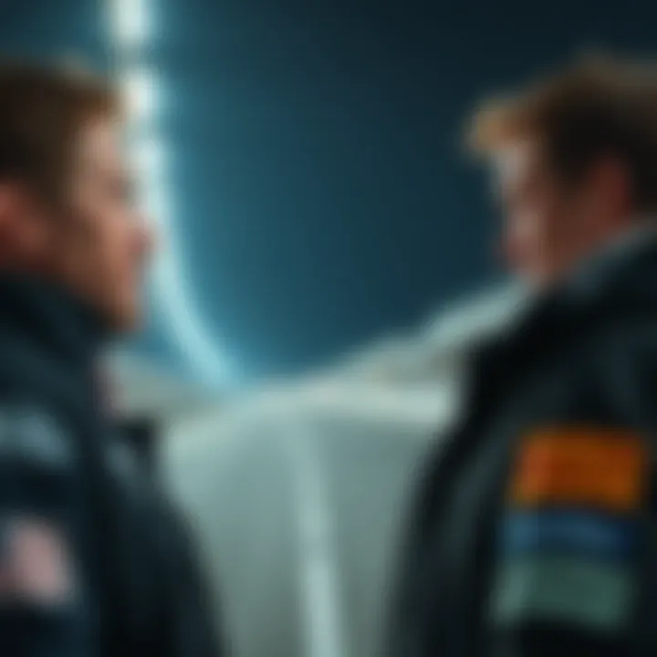 Two people stand face to face at a race track, one throwing down a challenge to the other, with determination in their eyes.