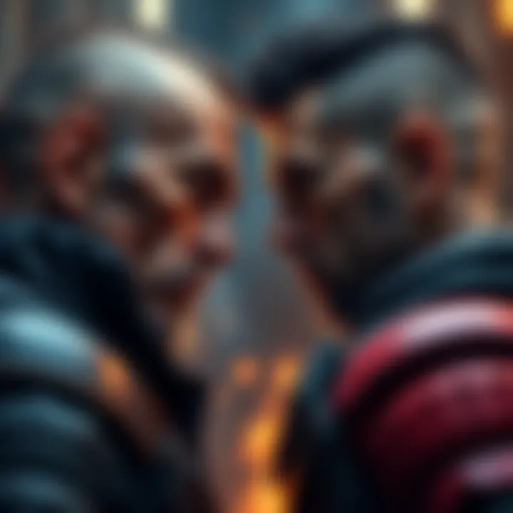 A tense moment between two strong characters facing off, showcasing determination and grit in their expressions.