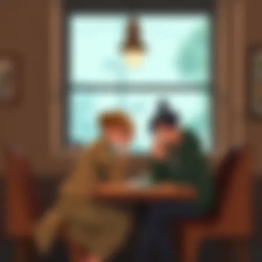Two characters sitting at a café table, looking upset as they discuss their unrequited feelings.