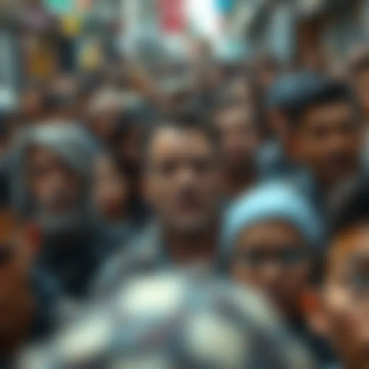 Crowd of people looking confused A diverse group of people showing expressions of confusion and concern in a chaotic urban environment.
