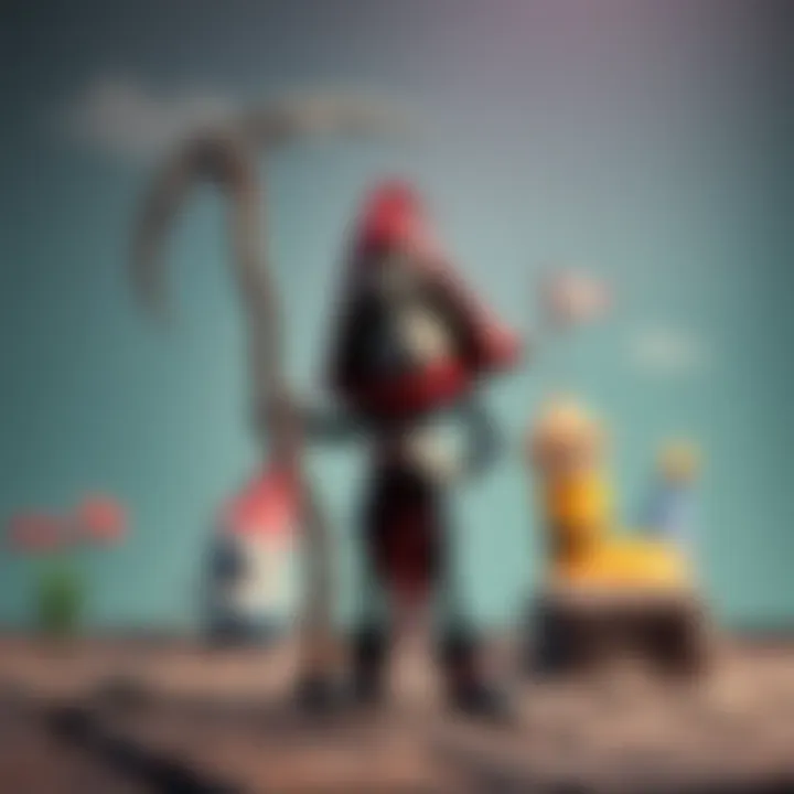 A whimsical reaper character stands with a puzzled expression, holding a scythe. Its outfit is a mix of traditional reaper garb and playful elements. The background features a colorful, cartoon-like s...