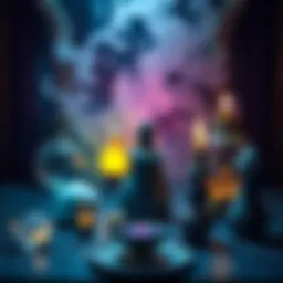 A display of mystical objects created through conjuring, showcasing various shapes and colors, set against a magical background.