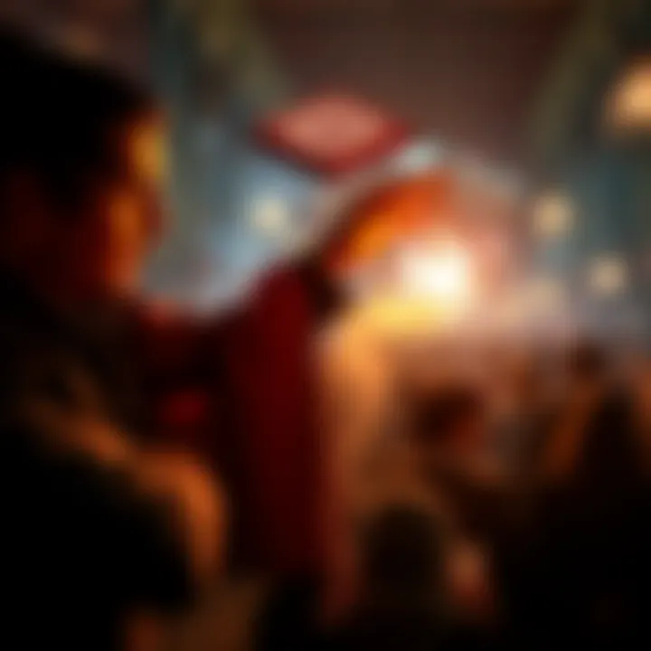 A conjurer performs a magic trick while a manipulator subtly influences a crowd. The scene highlights their contrasting methods and abilities.