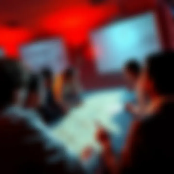A group of people looking at a map with marked connections and notes about the Russian Secret Room, symbolizing potential relationships and rumors.