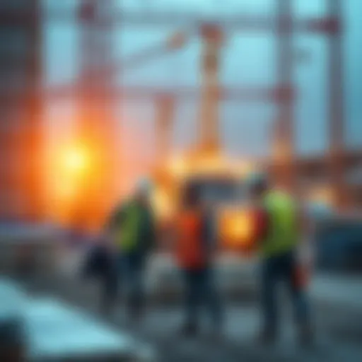 Workers at a construction site for the Blue Lock initiative, showing heavy machinery and building materials