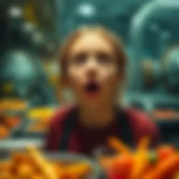 A woman looks shocked after eating contaminated food at a buffet while a background shows a reactor site, symbolizing chaos and danger around Slaynobyl.
