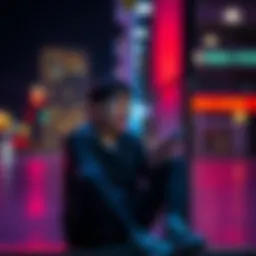 Contemplative Figure Laughing A person sits alone, laughing lightly while gazing at a phone, reflecting the changing nature of humor in today's serious world.