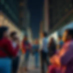 A group of diverse people discussing modern culture and trends in an urban setting.