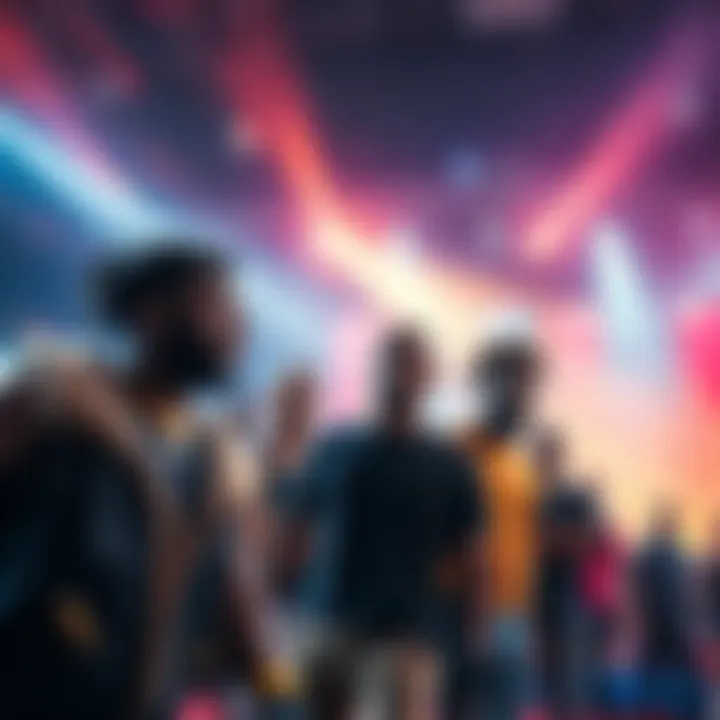 Contenders in Free-For-All Event A group of diverse contenders preparing for a competitive showdown in a lively arena, showcasing determination and readiness to battle.