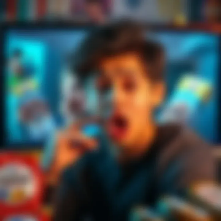 A person with a playful expression looking at a computer screen showing their own video with a cringe face, surrounded by meme images and Babybel cheese products.