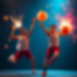 Two competitors are energetically launching glowing spirit bombs that resemble basketballs during an intense showdown.