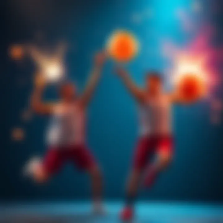 Two competitors are energetically launching glowing spirit bombs that resemble basketballs during an intense showdown.