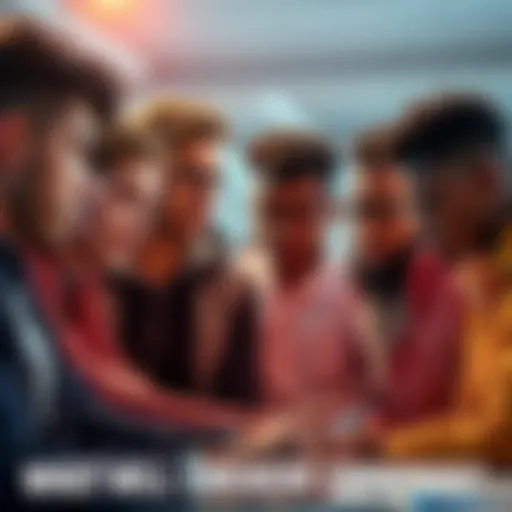 A group of diverse contestants discussing strategies and preparing for an upcoming contest, looking determined and focused.