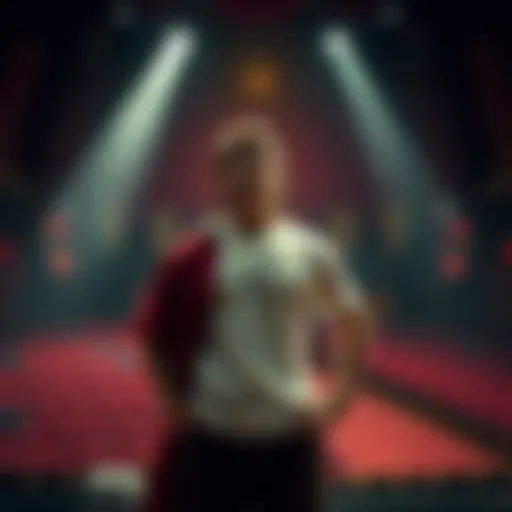 A person stands in a theater, half in character costume and half in casual clothes, symbolizing the contrast between performance and real life.