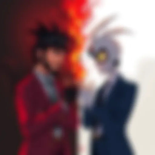 An illustration showing two characters representing different aspects of seriousness, engaged in a heated discussion, with a blend of dark and light backgrounds to symbolize contrasting themes.