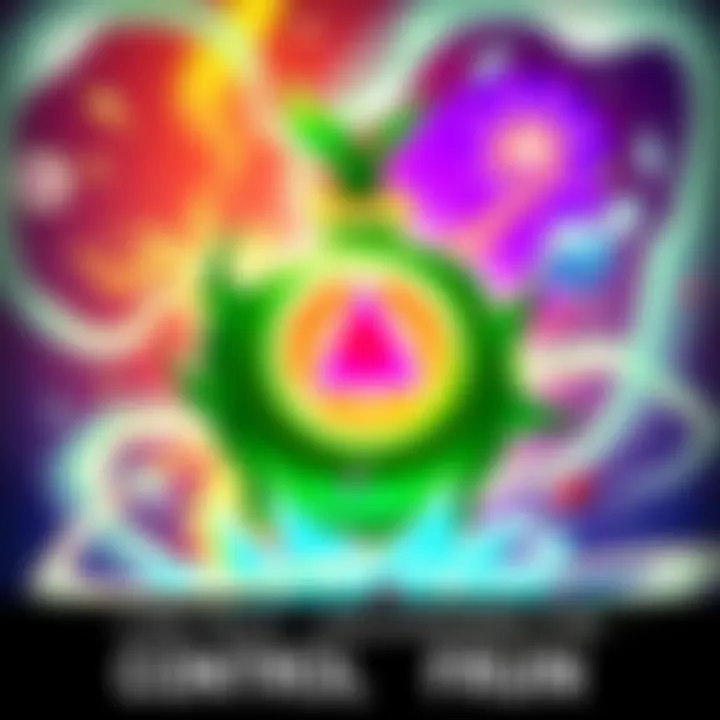 A vibrant illustration of the Control-Control Fruit, glowing with energy, surrounded by various elements it can manipulate, showcasing its power in the CSM universe.