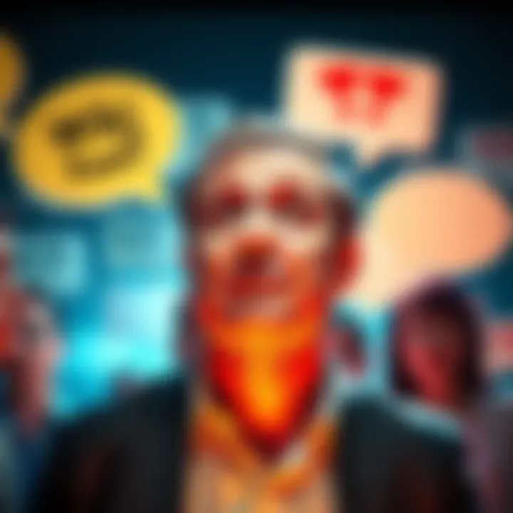 Controversial Wiki Figure A person surrounded by speech bubbles showing mixed reactions from the public