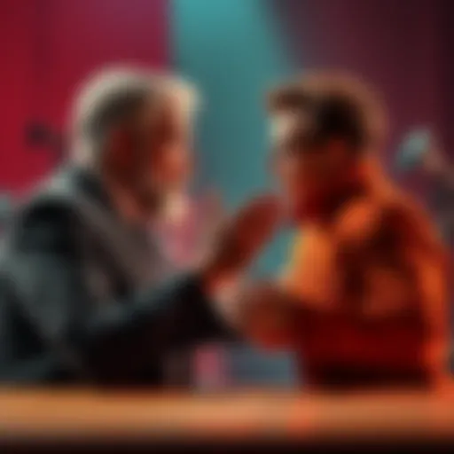 Two Controversial Figures in Debate An intense debate scene between two controversial individuals, each expressing strong opinions with passionate gestures.