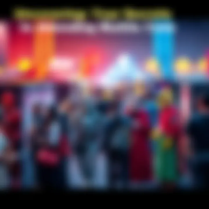 A group of attendees at a convention dressed in colorful costumes, surrounded by booths and banners.